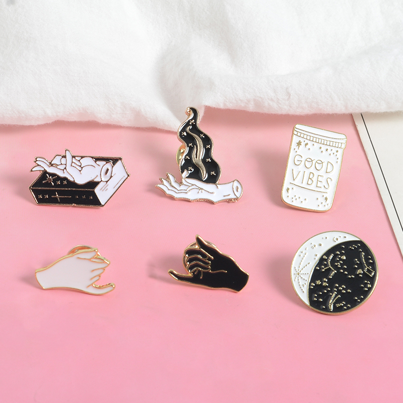 Witch hand Pins collection Constellation Moon Shadows Witchcraft Books Flame Brooches Witchy