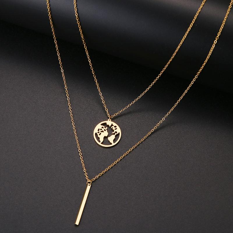 

Stick Hollow Multi Double Layers Necklace Fashion Travel Lover Earth Day Gift Stainless Steel Jewelry