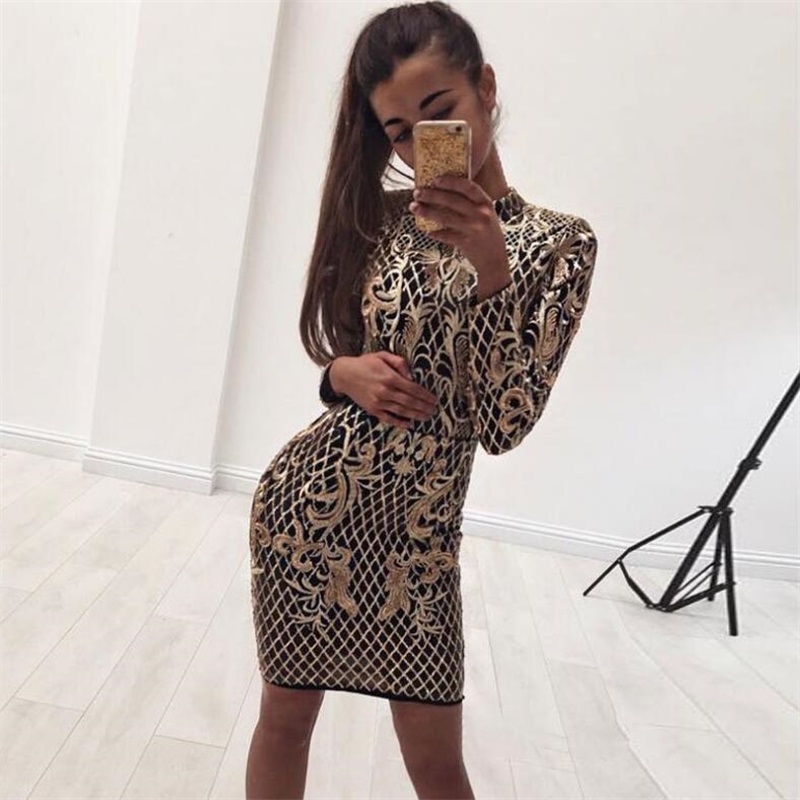 Real Image Gold Evening Dresses Sequins Appliqued Sexy Backless Sheath Prom Dresses Bling High Neck Long Sleeves Girl Party Gowns In Stock