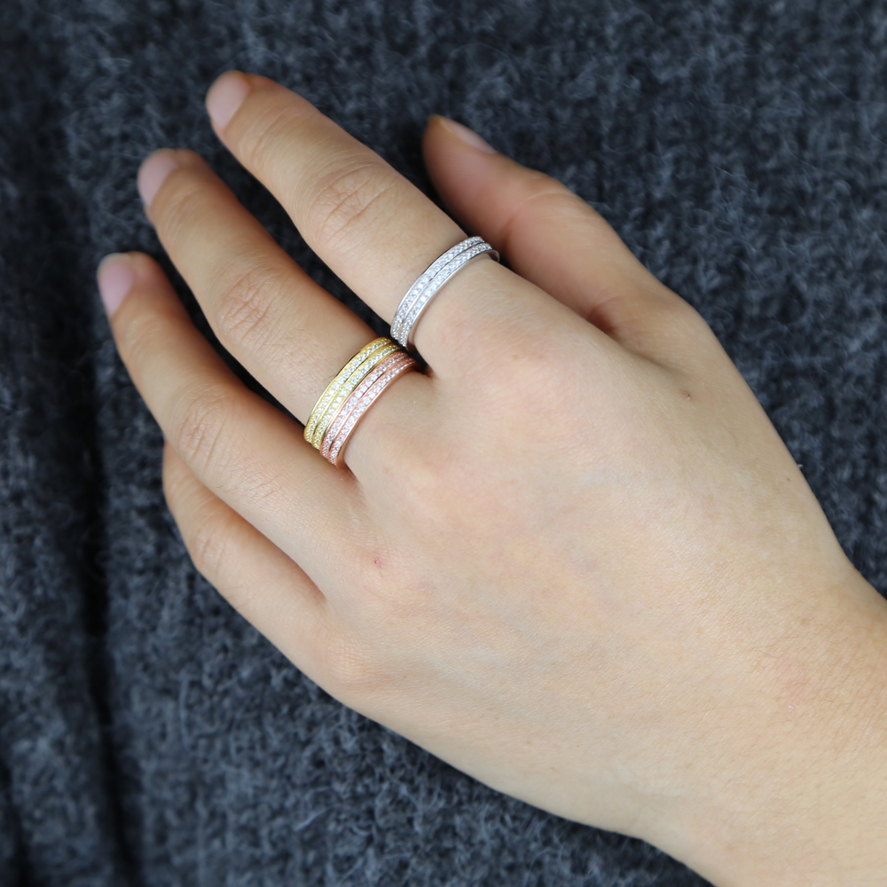Classic 925 Sterling Silver Wedding Ring Jewelry with Bling Cz Pave 2 Layer Band Finger Rings In Rose Gold Silver Plated Jewelry Wholesale