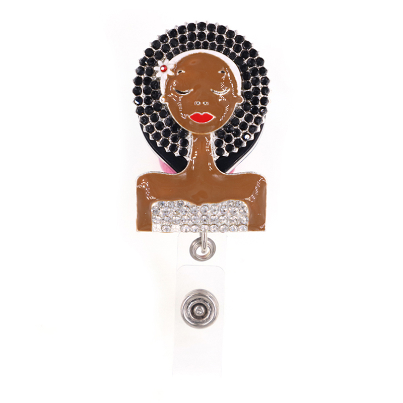 New Design Custom Alloy Medical Rhinestone Badge Reel Beautiful Black Girl Bride Retractable Badge Holder, Gray