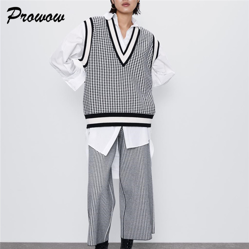 Fashion V-neck Knit Sweater Women Pullover Tops Sleeveless Houndstooth Plaid Knit Sweater Female Casual Sweater Lady Streetwear LJ201203