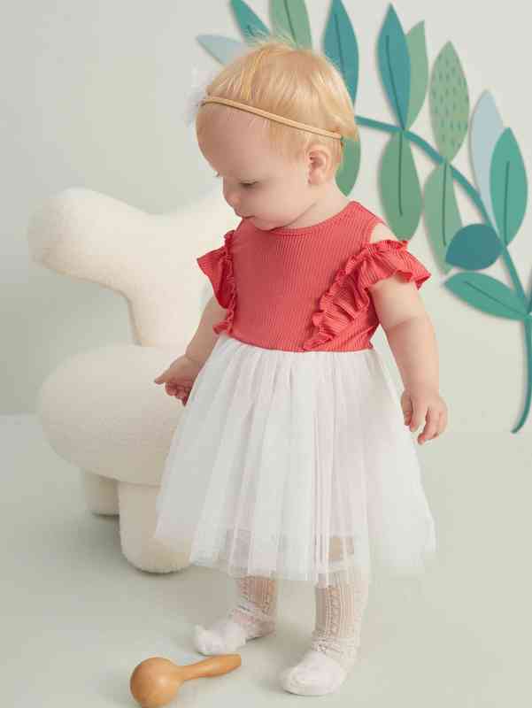 Baby Frill Trim Cold Shoulder Color Block Mesh Overlay Dress SHE