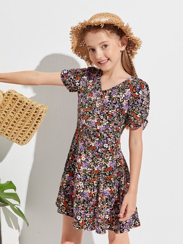 Girls Ditsy Floral Puff Sleeve Dress SHE