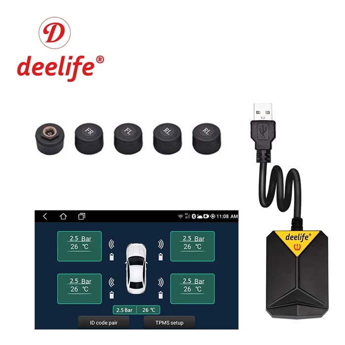 Car radio and DVD player, multimedia player system with tire pressure monitoring, spare tire external and internal sensors