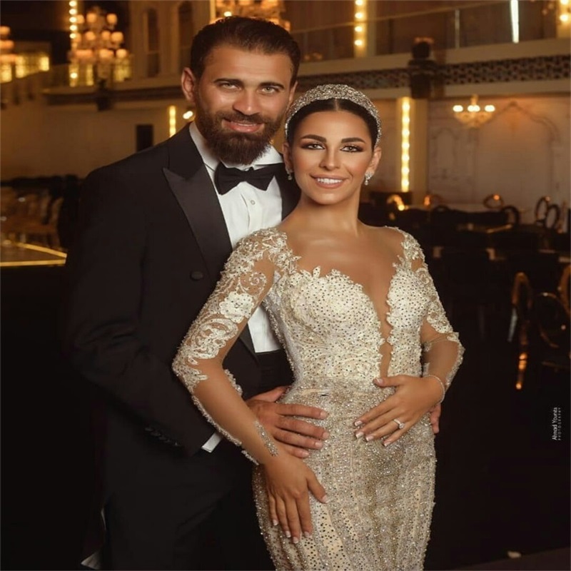 Luxury Mermaid Wedding Dresses Arabic Dubai Beads Appliqued Lace Chapel Bridal Gown With Detachable Train Long Sleeves Vestidos De Novia
