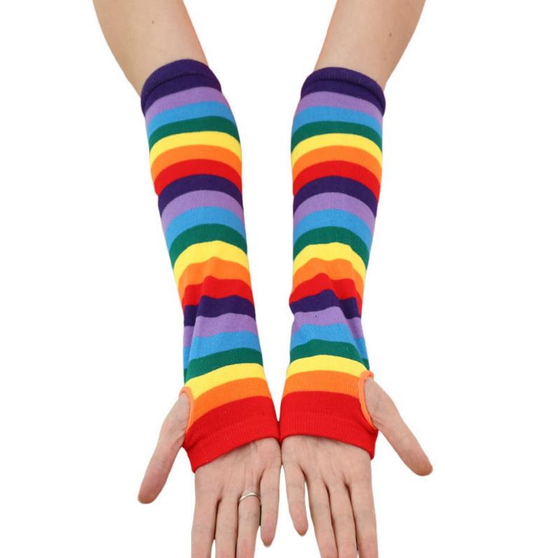 Rainbow Costume Set Stripe Knee High Socks Arm Warmer Fingerless Gloves Set for Teen adults Halloween Cosplay Xmas Dress-up Stage Wear