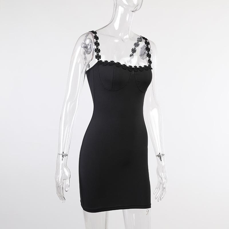 Casual dress sexy women's set embroidered daisy decorative strap slim fit low cut black mini skirt tight corset