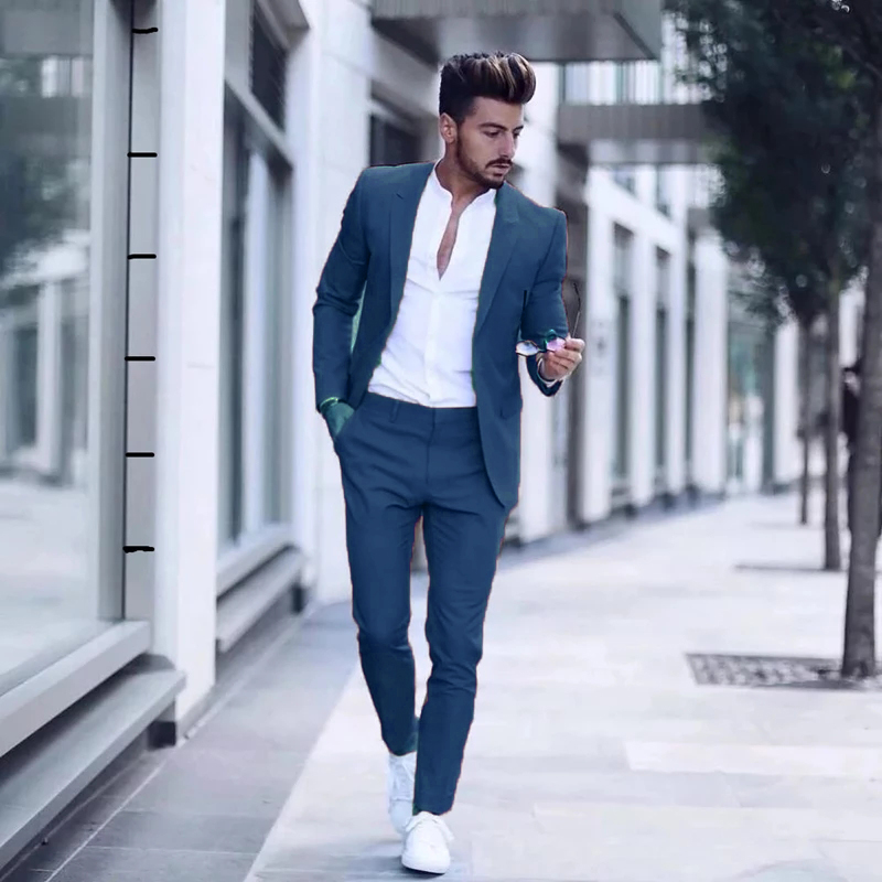 2022 Handsome Pink Mens Suits Wedding Tuxedos Slim Fit Peak Lapel Two Pieces Groom Formal Wear Male Men Prom Party Blazer (Jacket+Pants) Sky Blue Blac