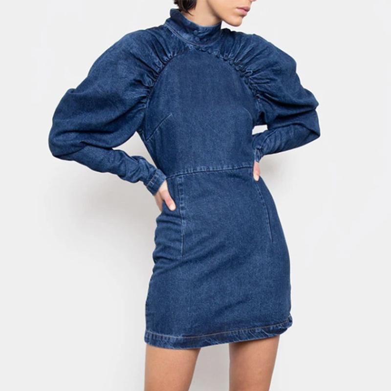 Women Vintage Denim Dress Autumn Spring Stand Collar Lantern Sleeve High Waist Tunic Jeans Dress
Women Vintage Denim Dress Autumn Spring Stand Collar Lantern Sleeve High Waist Tunic Jeans Dress