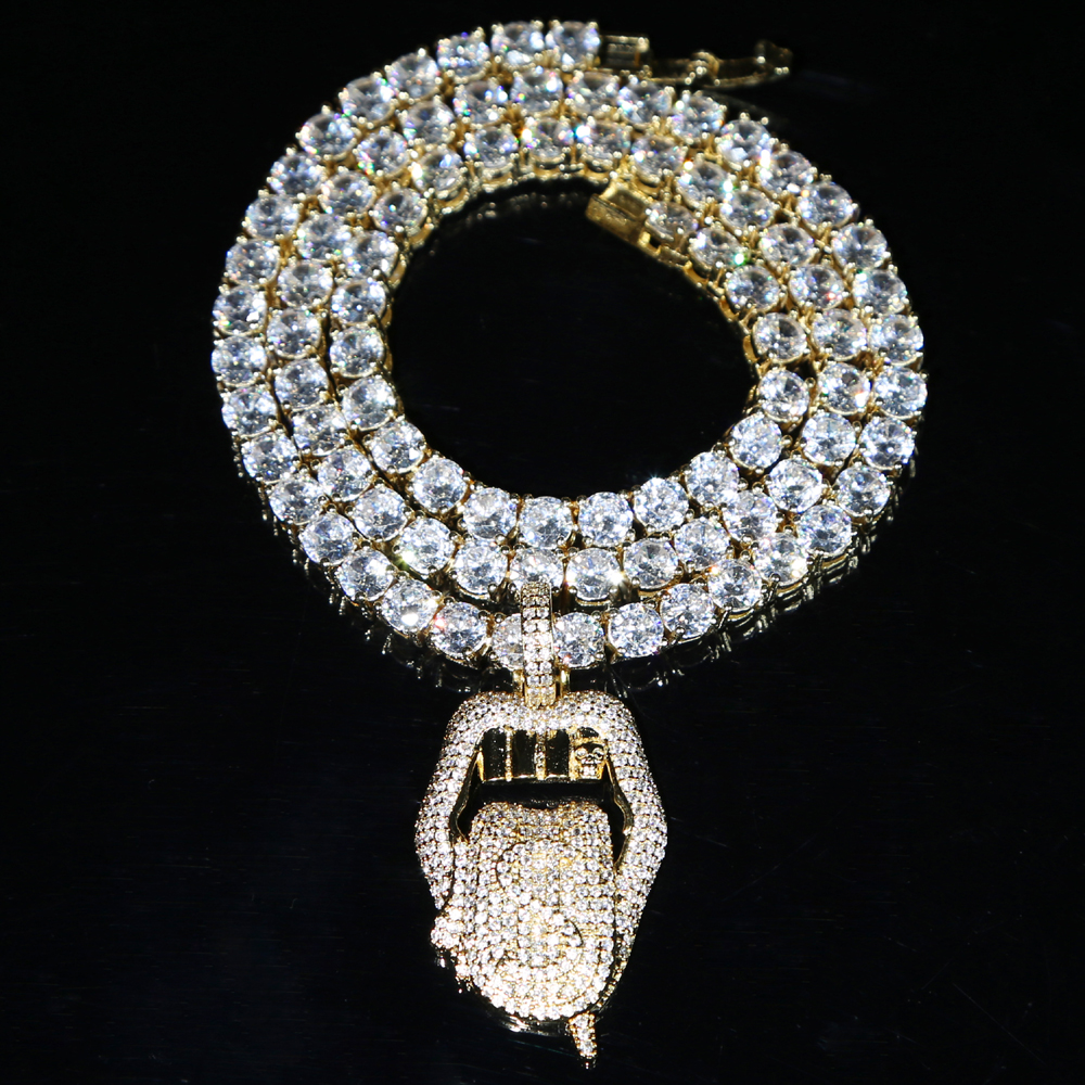 Iced out bling cz mouth pendant Dollar symbol engraved 5mm cz tennis chain dripping Lip necklace hiphop women men choker jewelry bulk