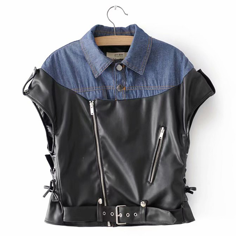 Denim stitching autumn temperament wild lapel leather sleeveless slimming zipper female jacket top 201029