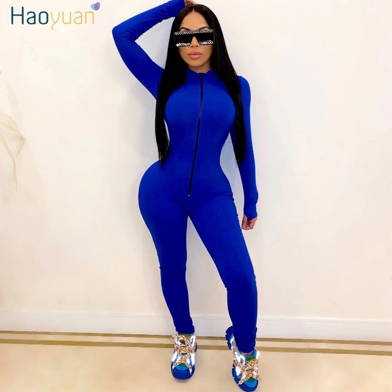 HAOYUAN Sexy Long Sleeve Rompers Womens Jumpsuit Tracksuits Zipper Up Fall Clothes One Piece Club Outfits Sport Bodycon Overalls 201007