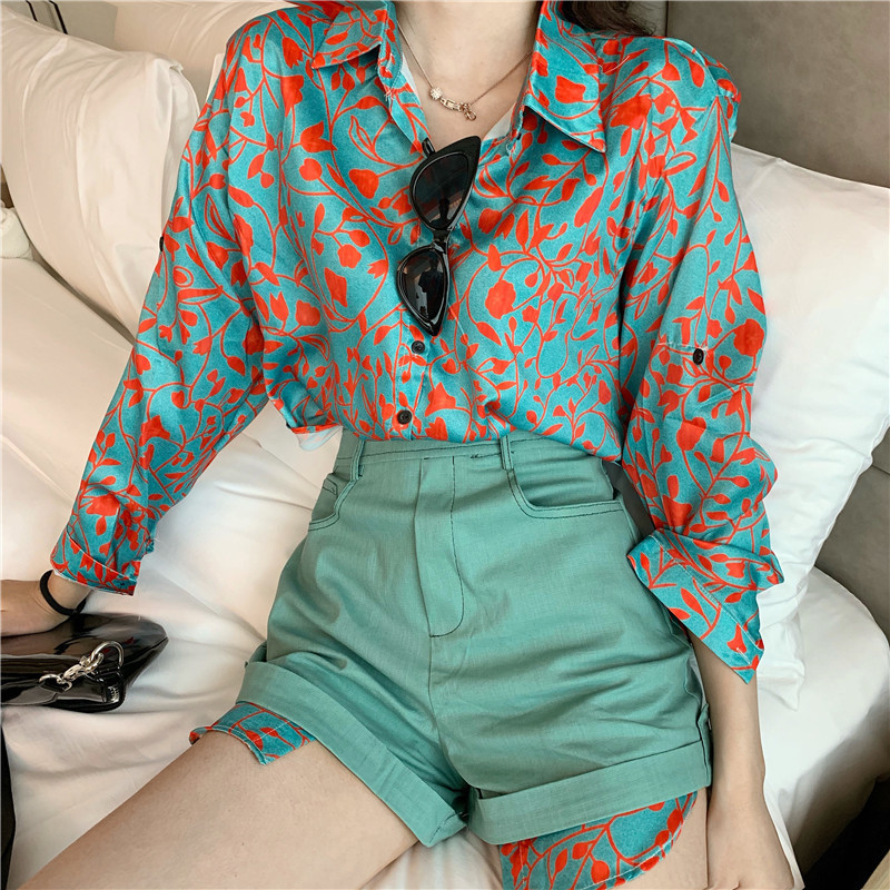 HELIAR twopiece Sets Women Autumn irregular Lapel Print Long Sleeve Shirt And High Waist Wide leg Denim Shorts Suits For Women T200325