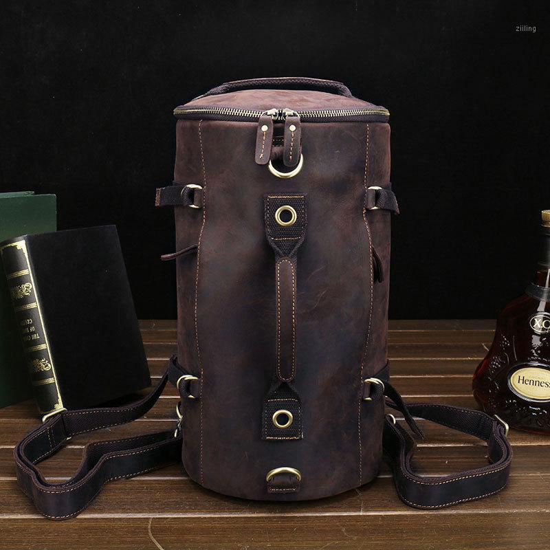 

Backpack Featured Crazy Horse Men Leather Duffle Travel Bag Dual Use Vintage Round Cowhide Weekender Man Totes1, Brown