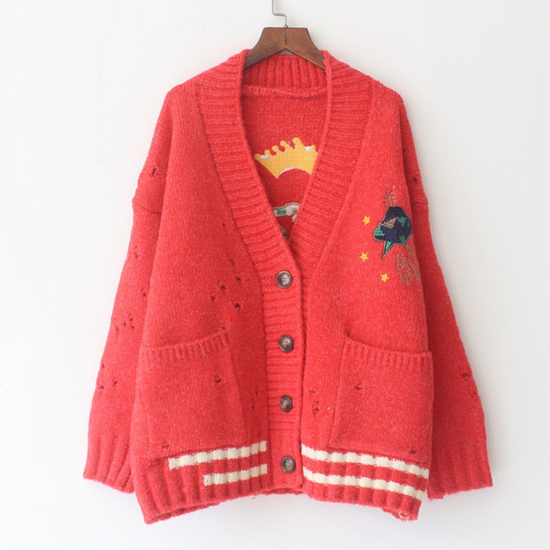 Cartoon Embroidery Oversize Cardigans Women Harajuku Loose V Neck Sweaters Jacket Female Knitted Cardigan Mujer For Winter 201023