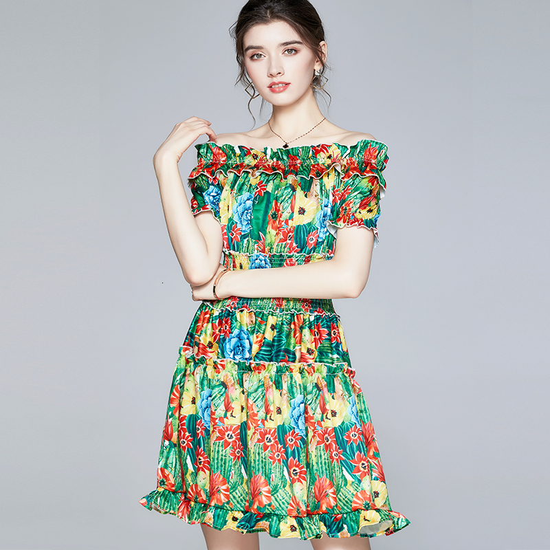 2021 New Summer Runway Mini Women' Cold Cut Off Shoulder Slash Neck Cactus Jungle Print Elastic Waist Holiday Fpyf, Green 
2021 New Summer Runway Mini Women' Cold Cut Off Shoulder Slash Neck Cactus Jungle Print Elastic Waist Holiday Fpyf, Green