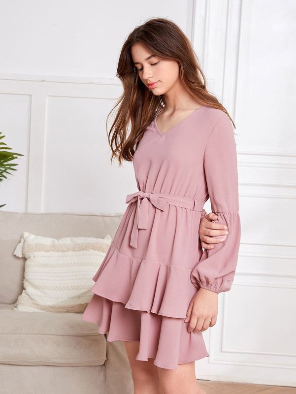 Teen Girls Lantern Sleeve Two Layer Hem Belted Dress SHE