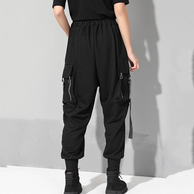 [EAM] New Spring Autumn High Elastic Waist Black Pocket Split Joint Ribbon Loose Harem Pants Women Trousers Fashion JQ015 201228