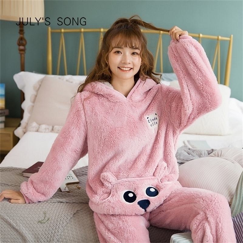 July's SONG Cute Winter Flannel Pamas Set Women's Sleepwear Thick Plush Animal Cartoon Warm Girl Plus Veet Hooded Homewear 201217