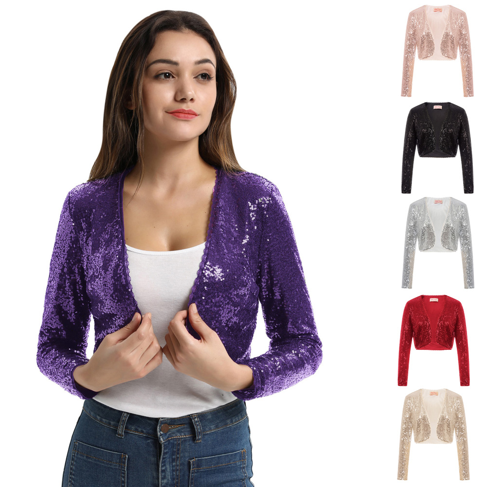 BP Women's clothing Shining Sequined tops Long Sleeve Waved neckline Cropped Length Open Front Bolero Shrug for wedding party T200319