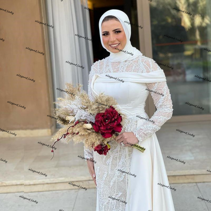 Ankle-length Muslim Mermaid Wedding Dresses with Detachable Train 2021 Jewel Neck Lace Stain Beaded Arabic Kaftan Bridal Dress