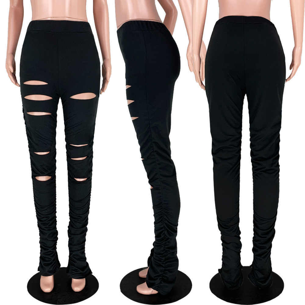 Distressed Women Flare Pants Joggers High Waist Pleated Trousers Stacked Sweatpants New Fitness Ruched Pants Hole Sport Leggings T200516