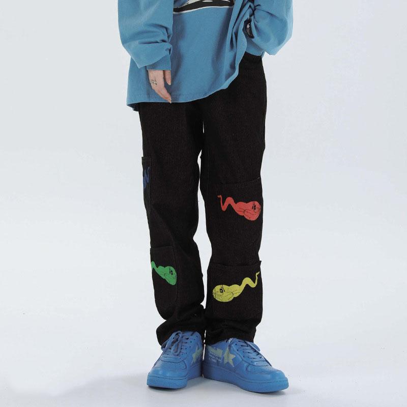 IEFB men's wear hip hop black jeans fashion Male's tadpole printed multipocket casual denim pants high street 9Y3235 201111
