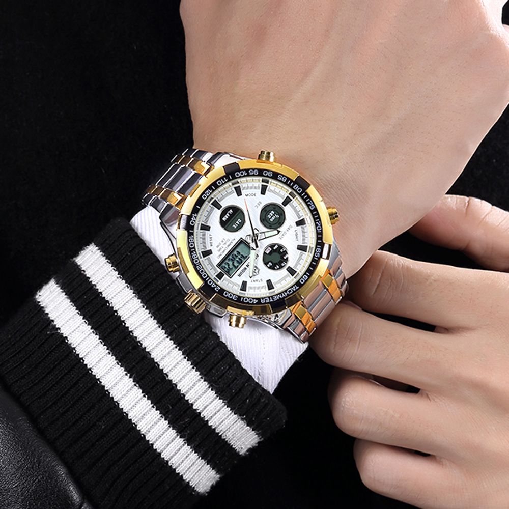 GOLDENHOUR Men Classic Business Quartz Watch Mens Fashion Dual Display Stainless Steel Wristwatches Waterproof Male Clock LJ201119