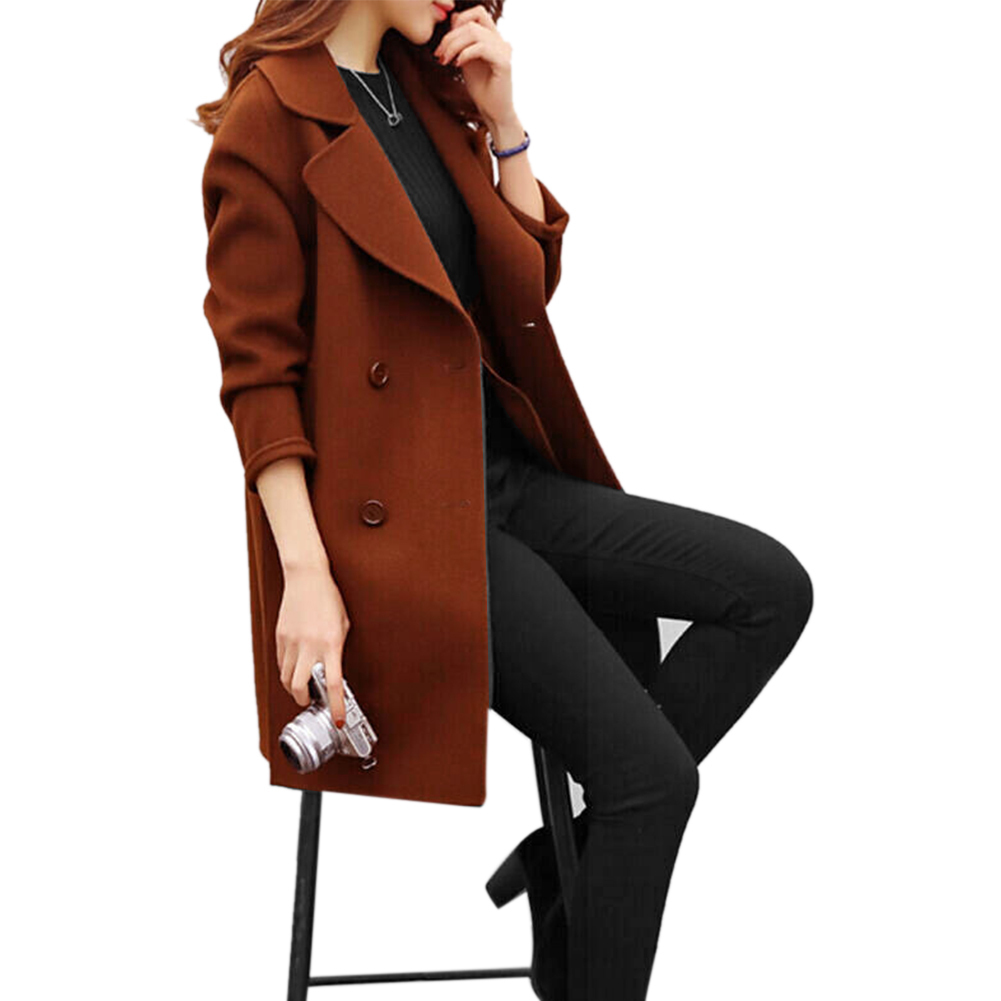 Women Coat Autumn Winter Thickening Fashion Double Breasted Artificial Wool Warm Slim Fit Daily Long Sleeve Turndown Collar T200114