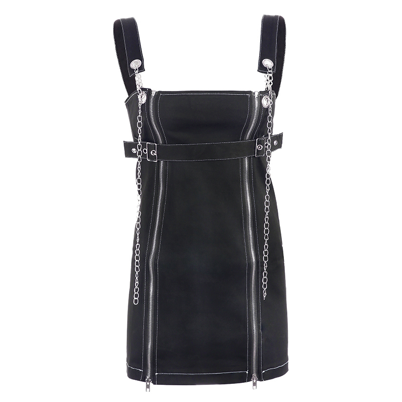 Rapwriter Off Shoulder Punk Metal Chain Denim Strap Dress Women Streetwear Spring Zipper Split Belt Sleeve Sexy Mini Dress T200320