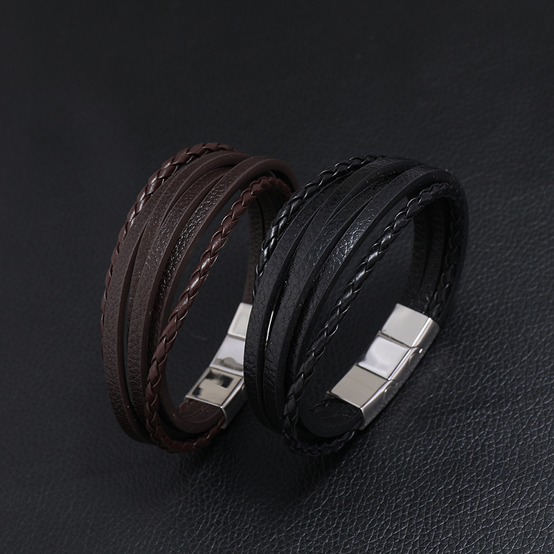 Retro Leather Multi Layer Wrap Bracelet Stainless Steel Buckle Bracelets for Men Fashion Bangle Cuff Wristband Stacking Bracelet Designer Jewelry
