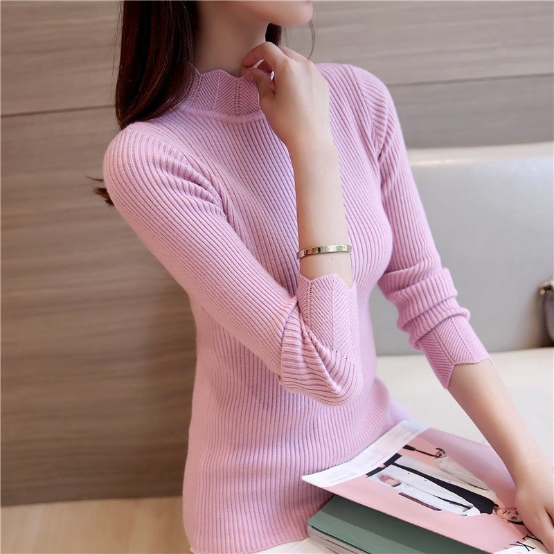Korean Fashion Women Sweaters and Pullovers Sueter Mujer Ruffled Sleeve Turtleneck Solid Slim Sexy Elastic Women Tops 201221