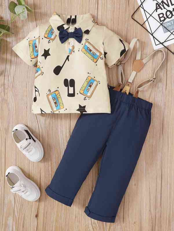 Baby Musical Notes And Tape Print Bow Polo Shirt & Pinafore Pants SHE
