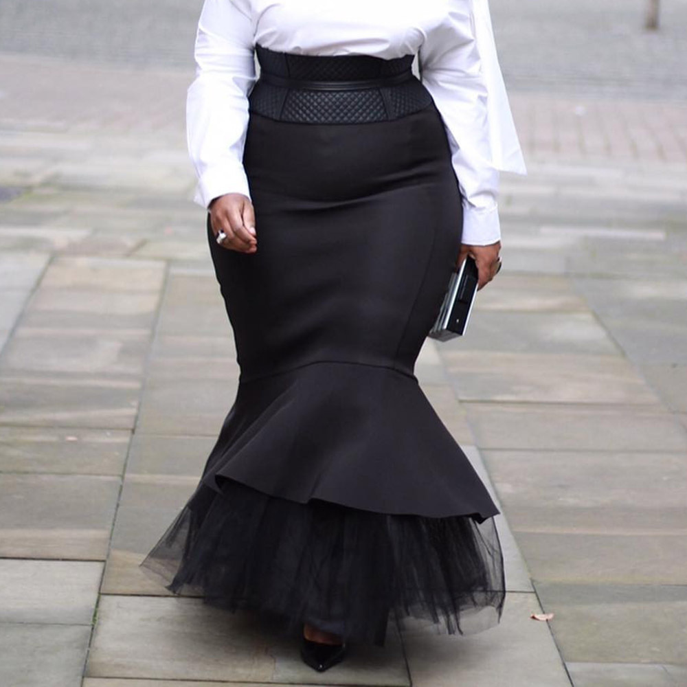 PLUS SIZE High Street Party Elegant Women High Waist Ruffles Side Maxi Skirts Femme Mesh Spliced Flat Mermaid Skirts 2 Color T200618