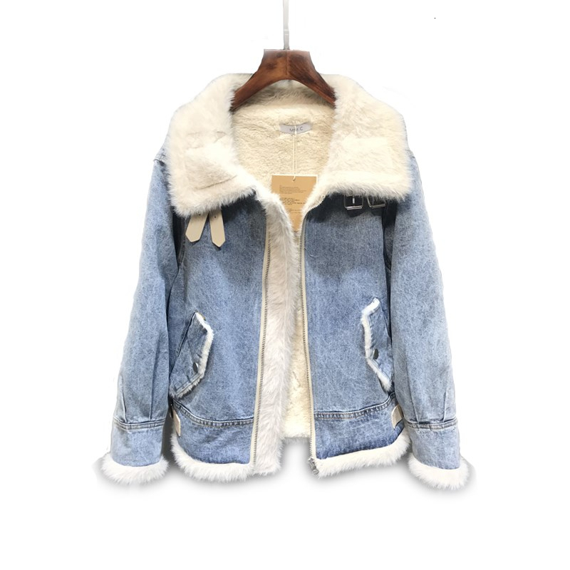 Womens Winter Lamp Wool Liner Faux Fur Coat With Jeans Denim Jacket Turn Dowm Collar Outerwear Coats Basic Jackets Women Cowboy T200915