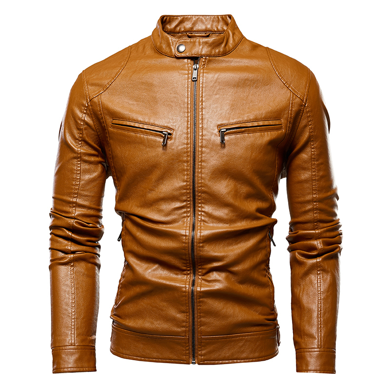 Men's Fleece Biker Leather Jackets Men Simple Style Stand Collar Jacket Coats Male Faux Leather Bomber Outwear Coat Man 201127