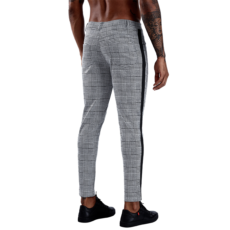 Casual Mens Chinos Cotton Slim Fit Men Pants Trousers Skinny Chinos Pants Grey Ankle Length Streetwear Plaid Side Stripe Pants 201118