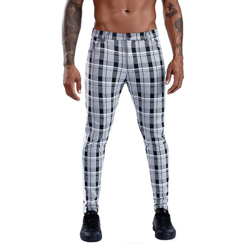 Casual Mens Chinos Cotton Slim Fit Men Pants Trousers Skinny Chinos Pants Grey Ankle Length Streetwear Plaid Side Stripe Pants 201118