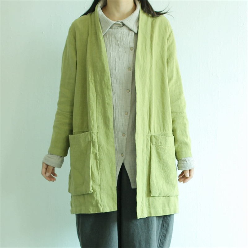 Johnature Women Coats Linen Jackets Pockets Autumn Open Stitch 5 Colour Loose Casual Long Sleeve Brief 201017