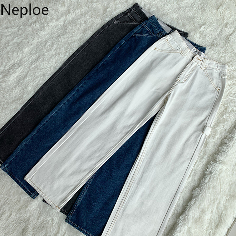 Neploe 2020 Woman High Waist Jeans Retro White Black Jeans Trousers Straight Overalls Pants Long Loose Wide Leg Jeans for Women LJ201125