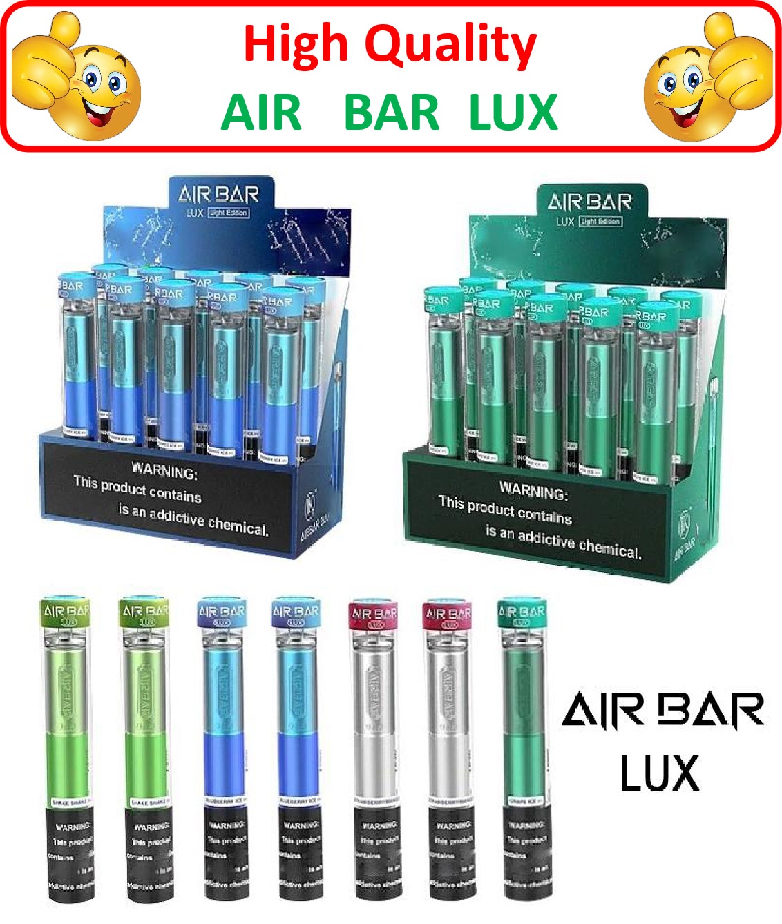 Vapes Air Bar Lux Disposable Vapes Bars Total 12 Colors Empty Cartridge Pods Pre-filled Vapors E-Cigarette Disposable Puff Bar Puff Plus
Vapes Air Bar Lux Disposable Vapes Bars Total 12 Colors Empty Cartridge Pods Pre-filled Vapors E-Cigarette Disposable Puff Bar Puff Plus