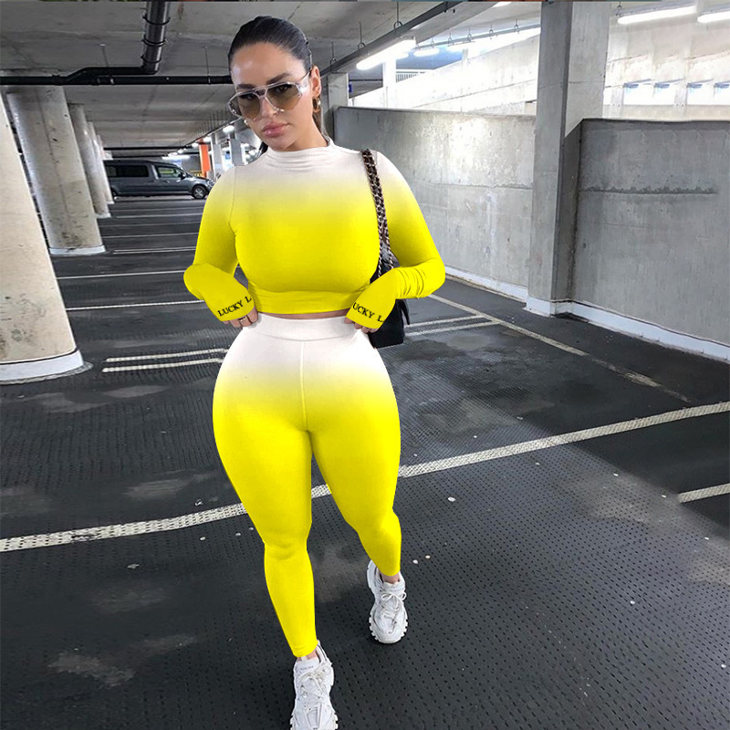 Women Two Piece Set Designer pants Sexy Gradient Long Sleeve T Shirts Tight Trouser Outfits Plus Size Ladies Fashion Casual Clothing Fall
