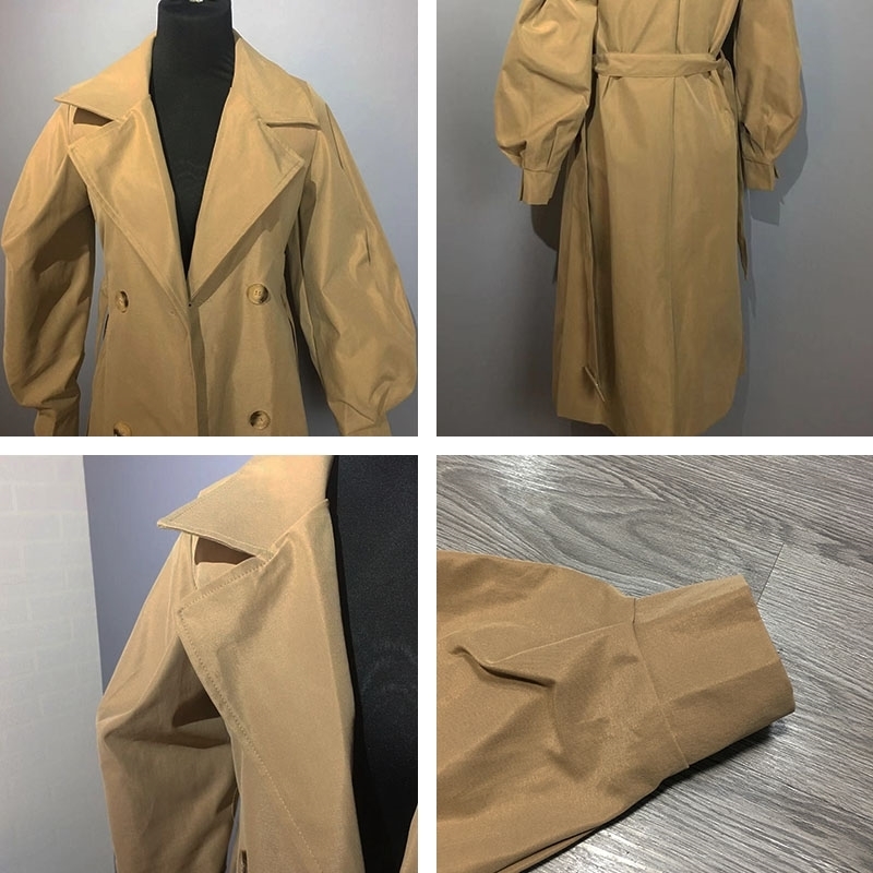 Spring Woman khaki Long Trench Coat British Style Vintage Puff Sleeve Long Dust Coat Elegant Waist Bandage Windbreaker 201029