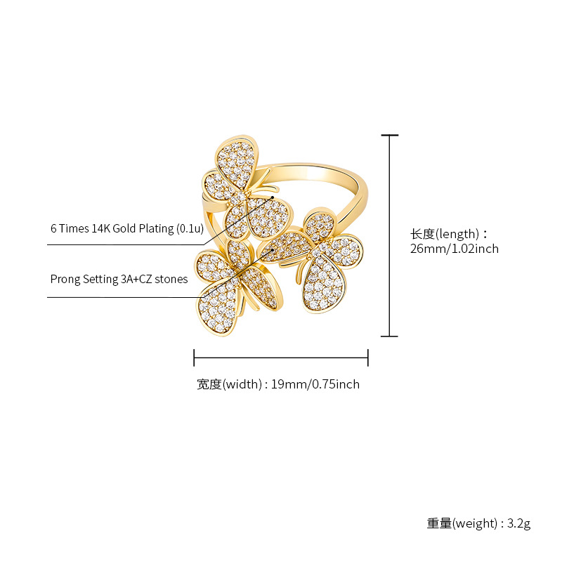 Rose Gold Womens 3 Butterfly Open Cuff Finger Ring Iced Out Diamond Band Rings Bling Cubic Zirconia Wolf Tide Hip Hop Wedding Party Jewelry For Ladies