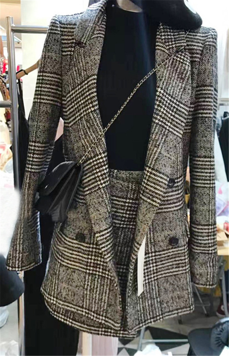autumn 2 piece set women long sleeve jacket coat outwears plaid tweed skirts suit two outfits plus size 220314