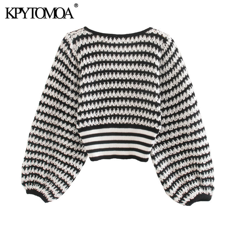 KPYTOMOA Women Fashion Striped Cropped Knitted Sweater Vintage V Neck Lantern Sleeve Female Pullovers Chic Tops 201017
