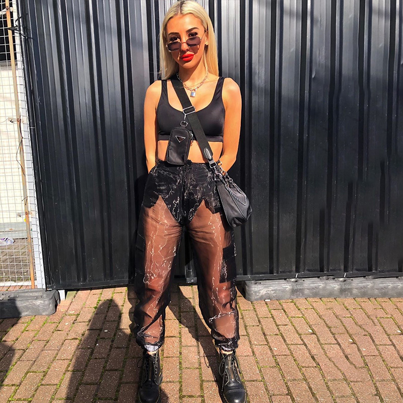 Harajuku Mesh Seethrough Hight Waist Cargo Pants Patchwork Sweatpants Black Fashion Summe Women Transparent New Loose Trousers T200606