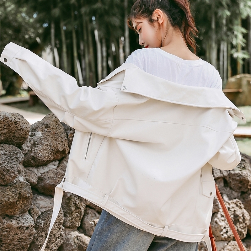 FTLZZ New Spring Women Pu Leather Motorcycle Jacket Female With Belt Solid Color Jackets Ladys Loose Casual Jacket 201020