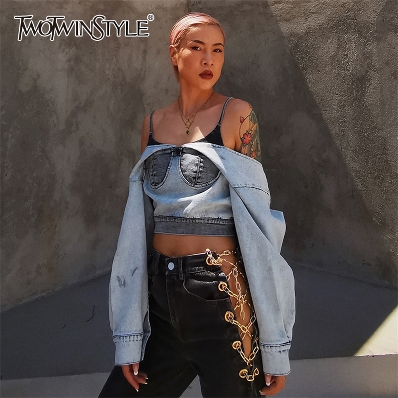 TWOTWINSTYLE Backless Sexy Jacket For Women Slash Neck Lantern Sleeve Patchwork Sling Denim Short Tops Female Autumn New 201210, As picture 
TWOTWINSTYLE Backless Sexy Jacket For Women Slash Neck Lantern Sleeve Patchwork Sling Denim Short Tops Female Autumn New 201210, As picture